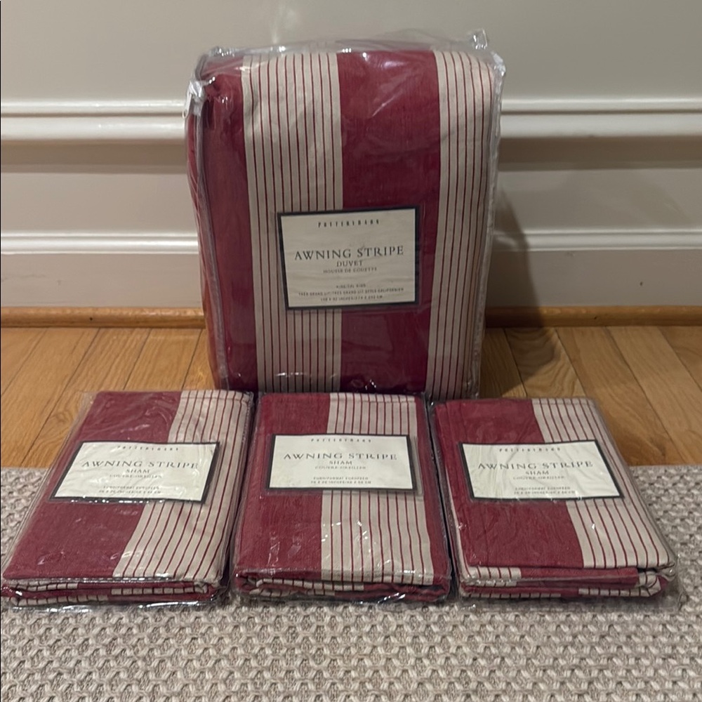 NWT Pottery Barn Awning Red Tan Stripe King Duvet Cover & 3 Euro Shams